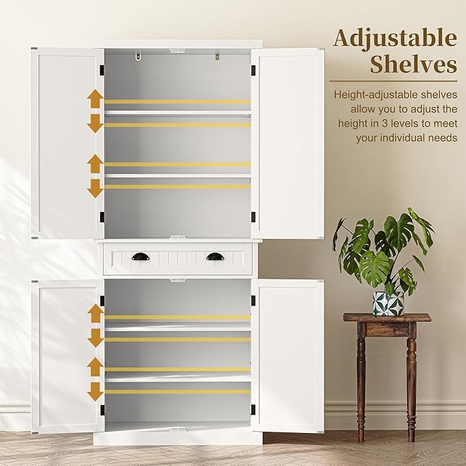 ARTPOWER 72" Tall Kitchen Pantry Storage Cabinet with Drawer and Adjustable Shelves, Pantry Cabinet for Kitchen, Bathroom or Hallway, White-Ruum Studio Home