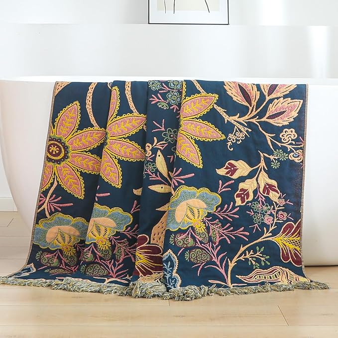 Boho Cotton Throw Blanket - Ultra-Soft Rustic Quilt for Bed, Home Decor & Travel - Large 90"x98" Muslin Blanket - All-Season Lightweight Bedspread & Throw for Women & Moms-Ruum Studio Home