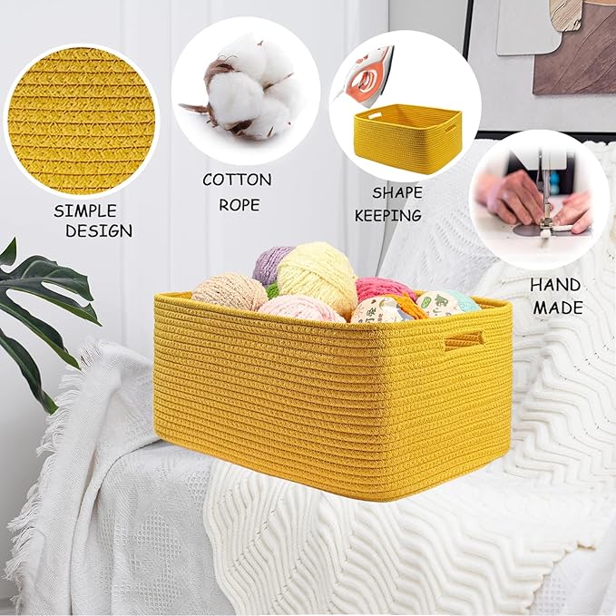 COMFY-HOMI Cotton Rope Woven Basket with Handles for Shelves,Toys,Book, Cloth Storage Baskets for Organizing-17" x 13" x 7.5" Toy Decorative Organizer for Living Room, Bathroom （Yellow）-Ruum Studio Home