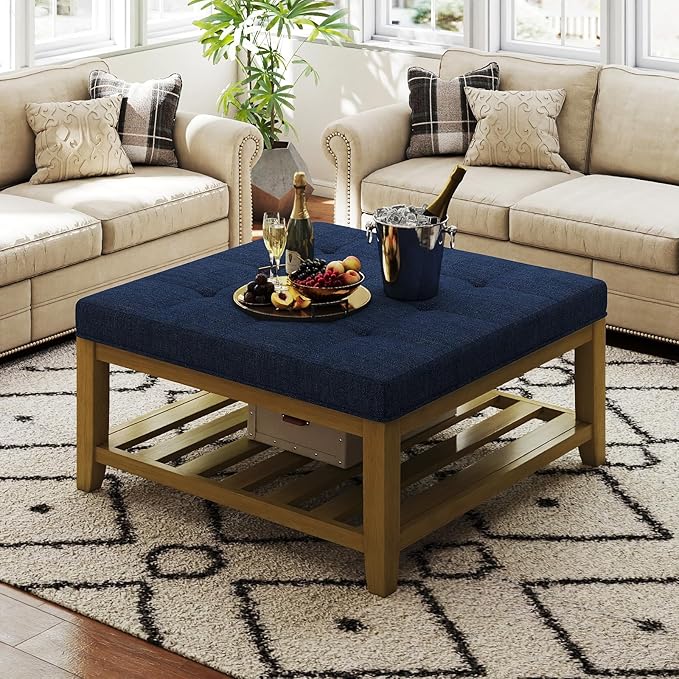Large Square Ottoman Coffee Table, Linen Solid Upholstered Footrest Ottoman with Solid Wood Shelf Storage Tufted Coffee Table for Bedroom Living Room, Navy Blue-Ruum Studio Home