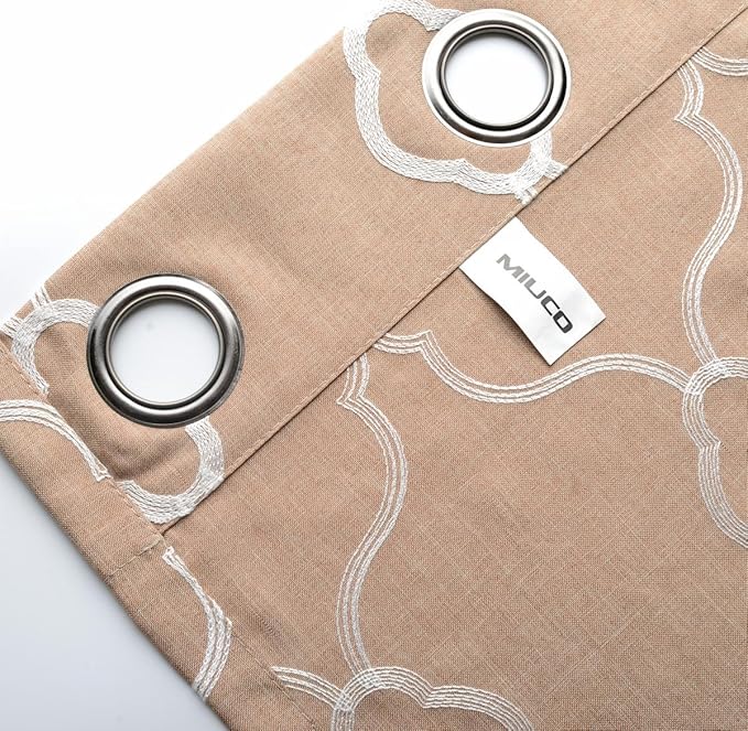 MIUCO Moroccan Embroidered Semi Sheer Curtains Faux Linen Wide Width Grommet Curtains for Bedroom 52 x 63 Inch 2 Panels, Taupe-Ruum Studio Home