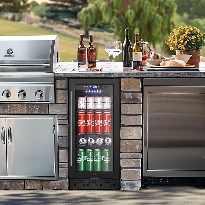 Tylza 15 Inch Beverage Refrigerator, Under Counter/Freestanding Drink Fridge, 130 Cans Beverage Cooler with Glass Door, Reversible Door, Low Noise, Quick Cooling - for Beer, Soda, ETC, Black-Ruum Studio Home