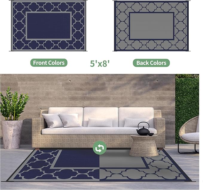 GENIMO Outdoor Rug 5' x 8' Patio Waterproof, Foldable Reversible Plastic Straw Area Rugs Mat for Camper Decor, Outside Carpet for Rv, Deck, Porch, Picnic, Beach, Balcony, Blue & Grey-Ruum Studio Home