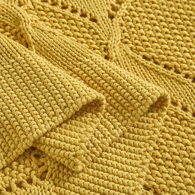 Longhui bedding Chunky Cotton Knit Throw Blanket for Couch, Sofa, Bed, or Chair, Decorative Breathable Fall Cable Knit Blanket 60 x 80 Inches, Large Mustard Yellow-Ruum Studio Home