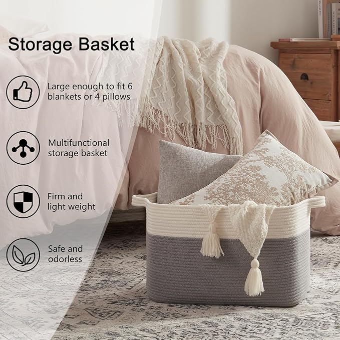 OIAHOMY 65L Blanket Basket, Cotton Rope Woven Blanket storage for Living Room, Rectangle Woven Baskets for Storage, 20''×16''×12'', Grey and White-Ruum Studio Home
