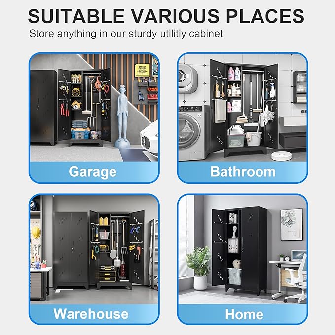 Metal Garage Storage Cabinet, 75” Cleaning Tool Cabinet with Hooks and Hanging Rods, Heavy Duty Garden Tool Organizer, Broom Cabinets for Home, Garage, Laundry Room, Gym, Workshop-Ruum Studio Home