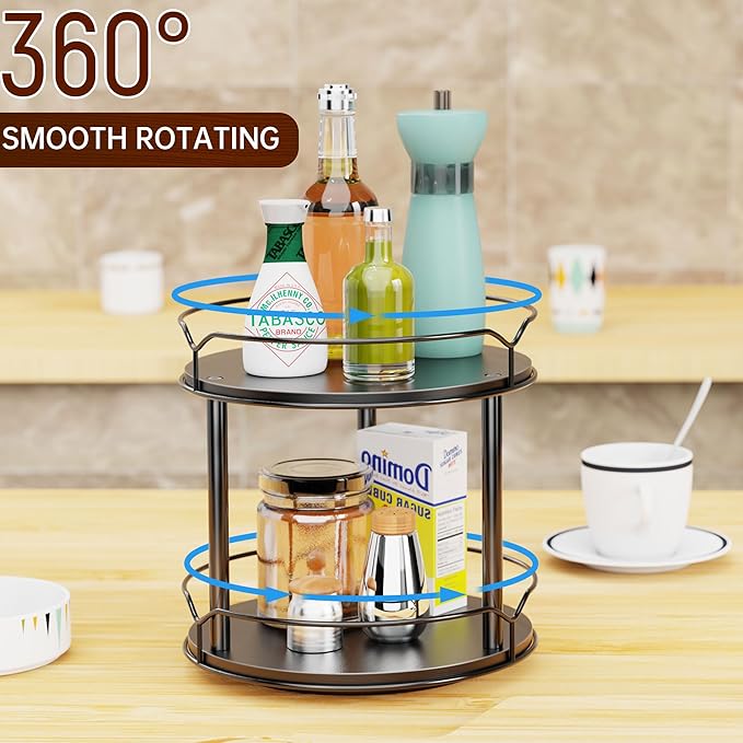 Lazy Susan Organizer 2 Tier - 9.2" Turntable Spice Rack for Table Top, Wooden Rotating Lazy Susan for Cabinet Pantry Kitchen Countertop Dining Table Cupboard Bathroom Vanity Storage(Black)-Ruum Studio Home