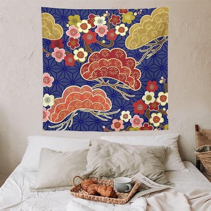 HZOHNAGO Japanese Tapestry Art Abstract Colorful Cherry Blossom Blue Background Pattern Printed Wall Tapestry Painting Wall Hanging for Bedroom Living Room Dorm 60" W x 60" H-Ruum Studio Home
