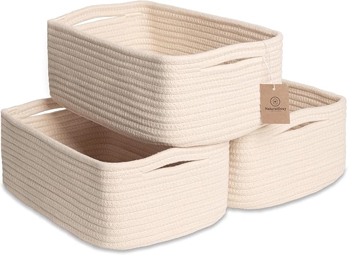 NaturalCozy 11.8"x8"x4.5” Storage Baskets for Shelves 3 Pack | Cotton Rope Woven Small Baskets for Organizing | Small Storage Bins for Nursery, Bathroom, Closet, Cube Shelf, Decorative, Gift Basket-Ruum Studio Home