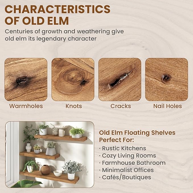 Rustic 30" Floating Shelves, Real Elm Wood Floating Shelf for Wall, Heavy-Duty Wall Shelves for Books, Wooden Floating Shelves with Invisible Bracket for Bathroom, Kitchen, Natural Color, Set of 2-Ruum Studio Home