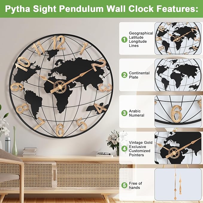 24 Inch Large Wall Clock for Living Room Decor,Big Modern Decorative Silent Metal World Map Wall Clock with Vintage Gold Arabic Numeral for Office,Living Room,Kitchen,Dining Room-Ruum Studio Home