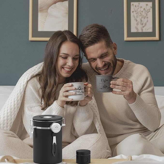 Coffee canister set for ground coffee with Date Tracker Travel Coffee jar,Stainless Steel Kitchen Food Airtight storage container for Coffee Beans or Grounds,Tea,Sugar (22oz-Black)-Ruum Studio Home