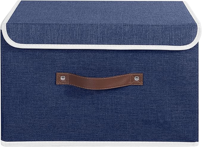 ANMINY Storage Bin with Lid Storage Boxes with PU Leather Handles PP Plastic Board Decorative Foldable Lidded Cotton Linen Fabric Home Cubes Baskets Closet Organizer Container - Blue, Large Size-Ruum Studio Home