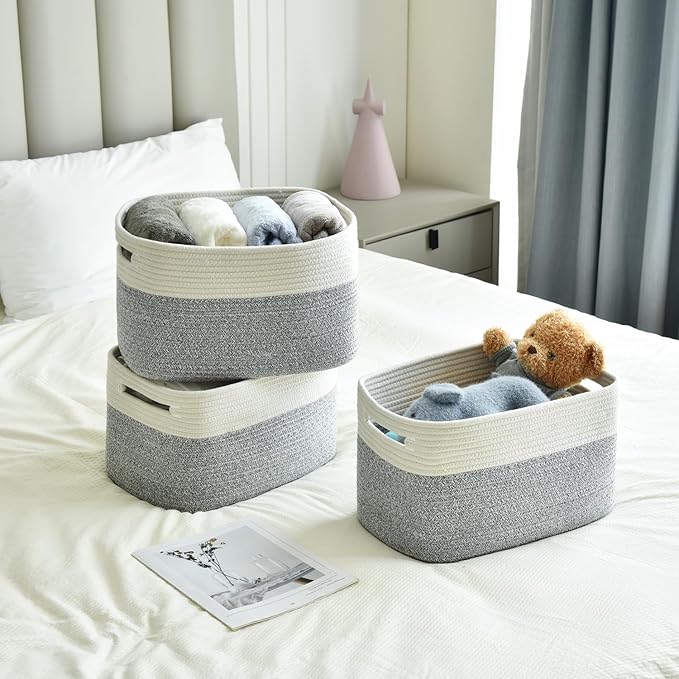 Woven Storage Baskets - Cotton Rope Organizers for Books, Towels, Toys or Bins - 3 Pack, Grey-Ruum Studio Home