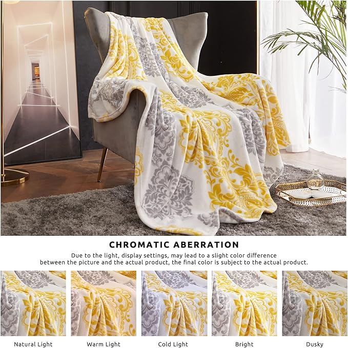 CASAAGUSTO Boho Throw Blanket - Yellow and Gray Damask Decorative Blankets with Tassel, Printed Flannel Bohemian Blanket for Chair, Bed, Sofa, Couch(50 * 60, Yellow and Gray Damask)-Ruum Studio Home