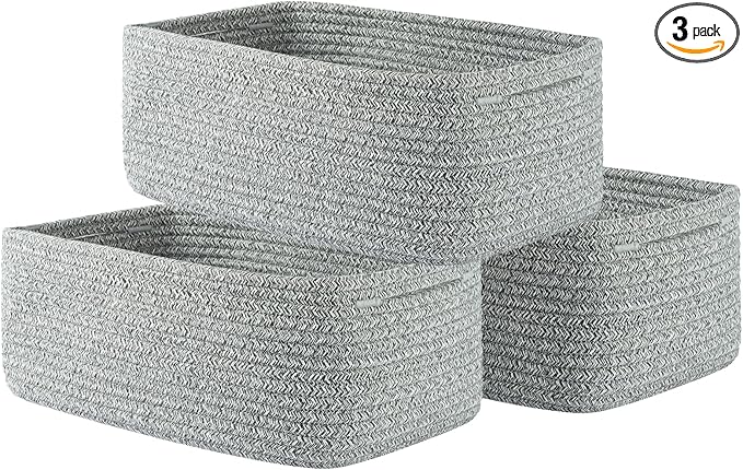 KALLAX Small Woven Basket, 13.5 x 9.5 x 5 Inches, Storage Basket for Organizing, Cute Small Rope Shelf Closet Cube Storage Bins Baskets for Shelves, Dog Toy Gift Baskets Empty, 3 Packs, Mixed Grey-Ruum Studio Home