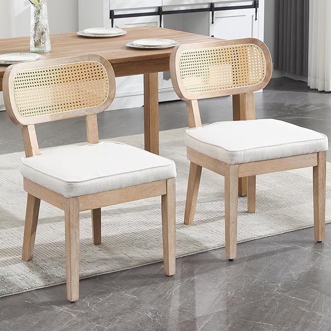 Rattan Dining Chairs Set of 2, Linen Fabric Farmhouse Dining Room Chairs with Cane Back Curved Backrest Kitchen Chairs Rustic Armless Side Chairs for Dining/Living Room/Restaurant, Beige-Ruum Studio Home