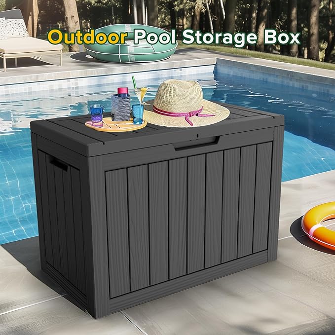 45 Gallon Outdoor Deck Box,Storage Lockable Waterproof Patio Furniture,Garden Tools,Cushions,Pool Accessories Outside Storage Resin Box(Black)-Ruum Studio Home