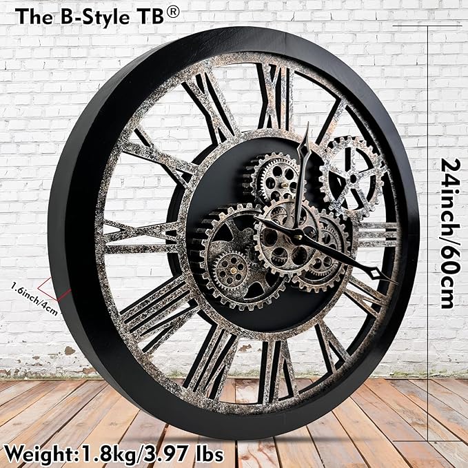The B-Style Large 24 inch Moving Gear Wall Clock Oversized Vintage Farmhouse Wall Clocks for Living Room Decor Rustic Industrial Wood Clock (Black and Bronze)-Ruum Studio Home
