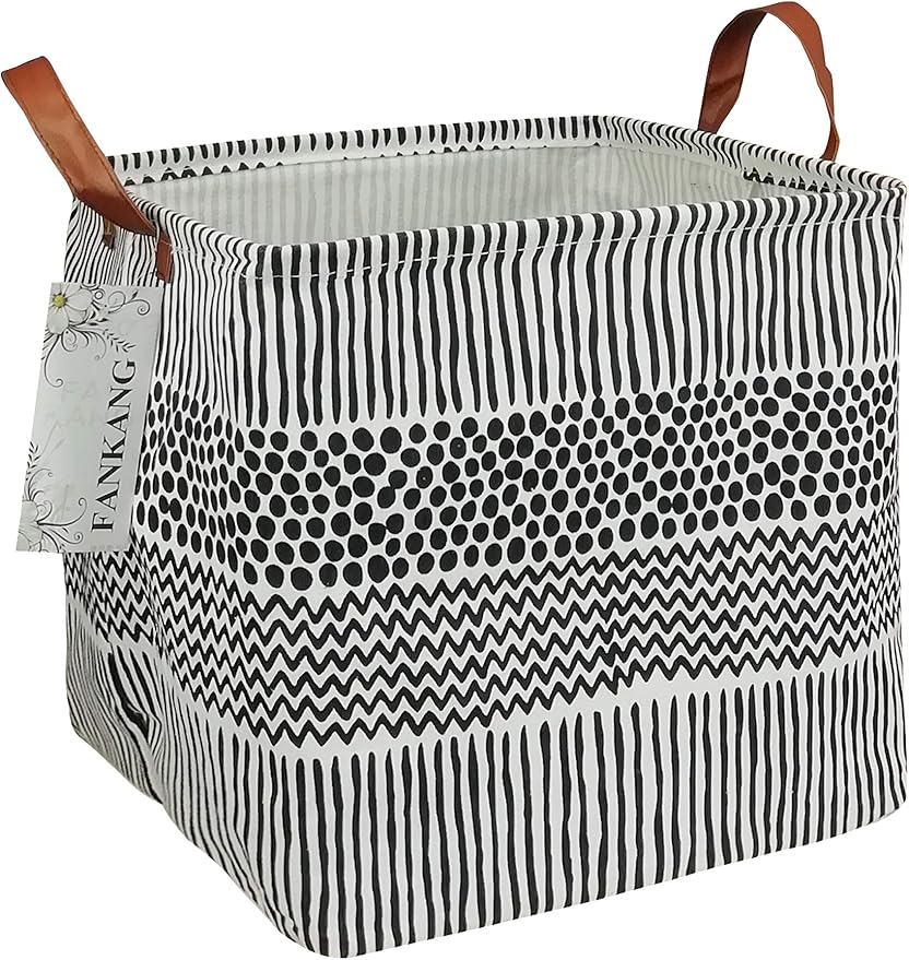 FANKANG Square Nursery Hamper Storage Bins Canvas Laundry Basket Foldable with Waterproof PE Coating Storage Baskets Gift Baskets for Children, Office, Bedroom, Clothes（Square-Black Lines ）-Ruum Studio Home