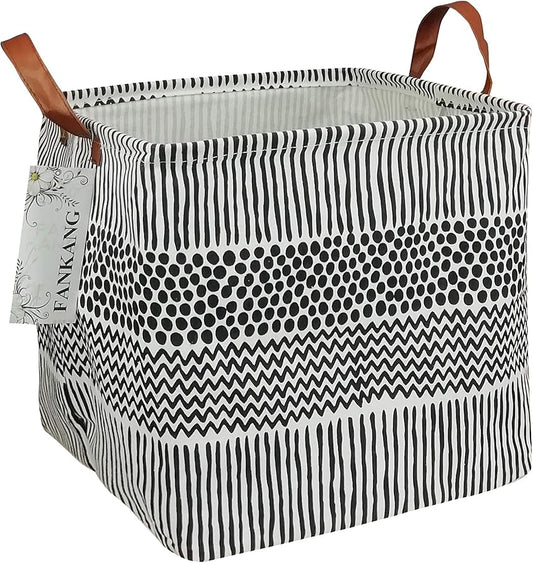 FANKANG Square Nursery Hamper Storage Bins Canvas Laundry Basket Foldable with Waterproof PE Coating Storage Baskets Gift Baskets for Children, Office, Bedroom, Clothes（Square-Black Lines ）-Ruum Studio Home