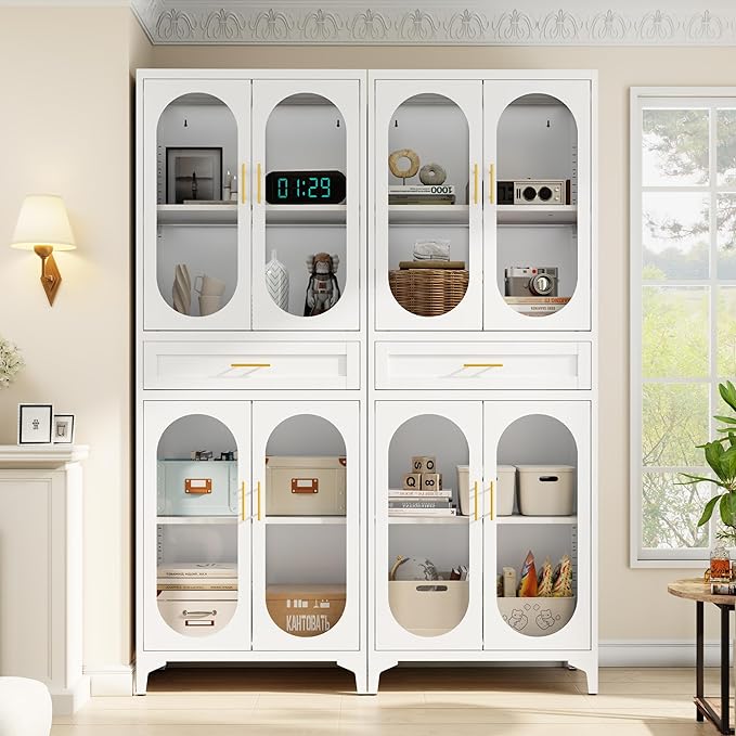 75” Tall Kitchen Pantry Storage Cabinet, Metal Storage Cabinet with 1 Drawer and Adjustable Shelves, Kitchen Pantry Cupboard, Freestanding Cupboard for Bathroom (White-4 Doors and 1 Drawer)-Ruum Studio Home