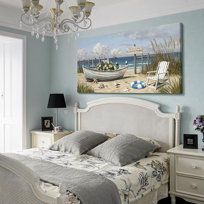 amatop Oversized Coastal Canvas Wall Art – Nautical Seaside Landscape Floral Boat on Sandy Beach Ocean Seabirds Horizontal Decor Large Wildflower Nature Artwork for Living Room Bedroom Office 58×29 Inch-Ruum Studio Home