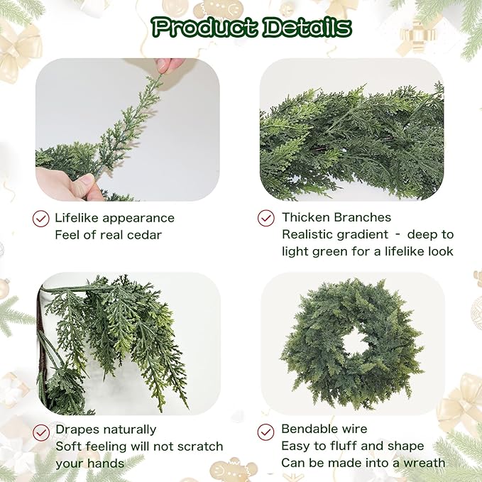 9FT Christmas Cedar Garland Artificial Real Touch Thickness Realistic Greenery Pine Garland for Mantle Fireplace Outdoor Indoor Christmas Decorations-Ruum Studio Home
