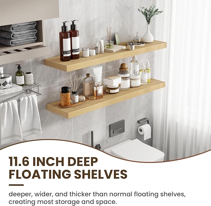 48 Inch Floating Shelves, 12 Inch Deep Floating Shelves for Wall, Large Floating Shelf with Invisible Brackets, Deep Shelves for Bathroom, Bedroom, Living Room, 1 Pack, Natural-Ruum Studio Home