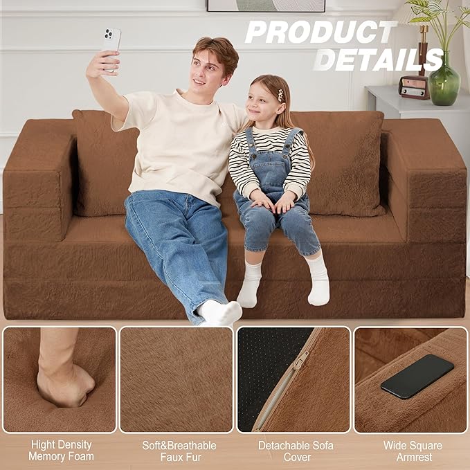 Folding Bean Bag Chair for Adults,3-in-1 Bean Bag Couch Faux Fur Floor Sofa Large Beanbag Convertible Bean Bag Sofa Bed with Pillow in Bedroom,Living Room,Apartment(Queen,Caramel)-Ruum Studio Home