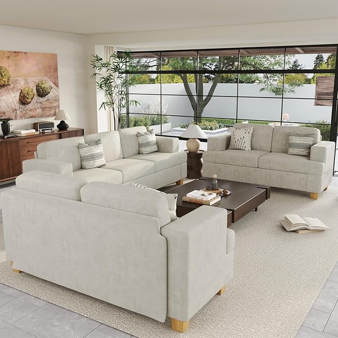 Sofa, 63” Comfy Loveseat Sofa Couch with Deep Seats, Couch for Living Room, Modern Sleeper Sofa, Beige Chenille-Ruum Studio Home