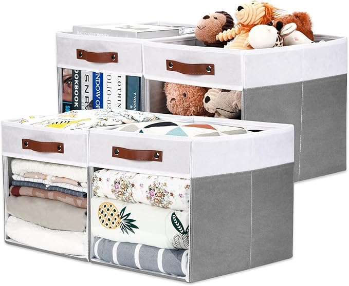 HNZIGE Fabric Cube Storage Bins - 4 Pack 13x15x13 Collapsible Storage Cubes for Organizing Shelves, Closet, Pantry - White, Gray-Ruum Studio Home