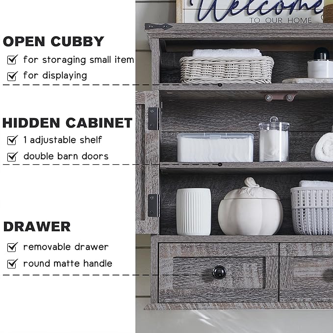 Bathroom Wall Cabinet, Farmhouse Medicine Cabinet, 24" Wide Cabinet with Drawer, Adjustable Shelf, Double Barn Doors, Storage Cabinet for Bathroom, Kitchen, Living Room, Grey Wash-Ruum Studio Home