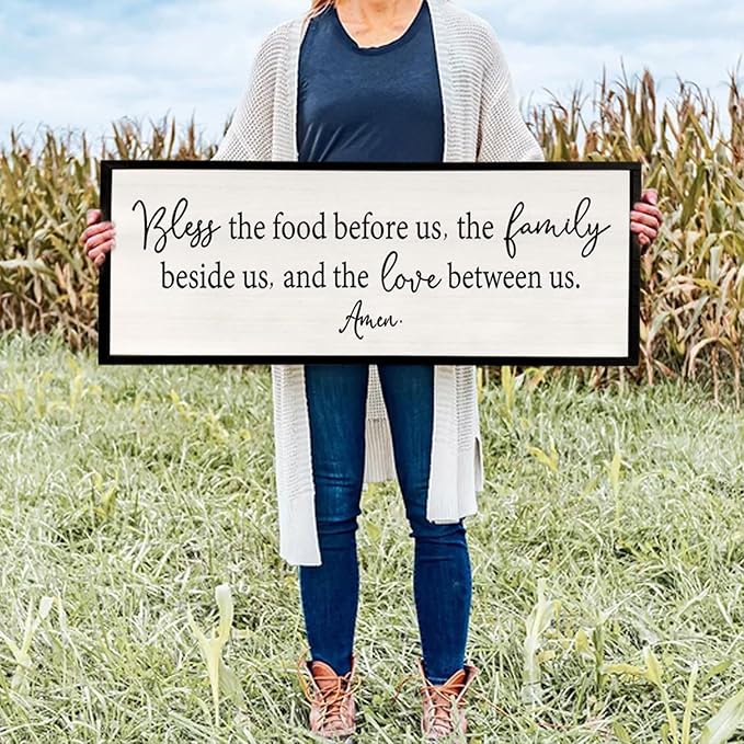 Bless the Food Before Us Sign Wall Decor 40"X15" Large Farmhouse Dining Room Wall Decor Framed Wood Rustic Home Wall Art Kitchen Decoration (Black)-Ruum Studio Home