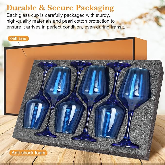 Blue Wine Glasses Set of 6-12oz Blue Long Stem Wine Glass Cups, Pretty Crystal Glassware, Hand Blown Goblets Drinkware, Unique Drinking Stemware Holiday Gift Set-Ruum Studio Home
