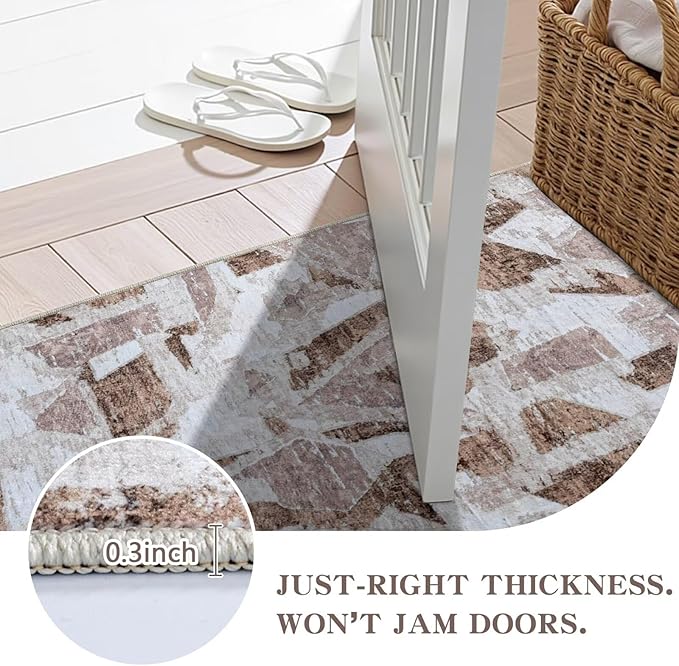 Modern Abstract Door Mat Indoor Entrance 2X3 Brown Rug Washable, Non-Slip Small Rugs for Entryway Bathroom Ultra-Thin, Throw Carpet for Kitchen Bedroom Nursery Kids Print Faux Wool-Ruum Studio Home