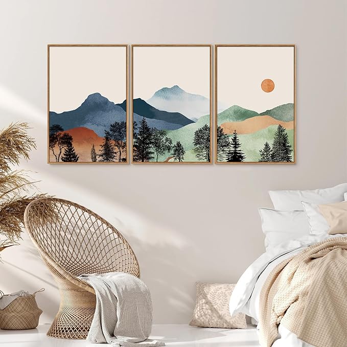 SIGNINART Boho Mountain Framed Canvas Wall Art Set of 3, Watercolor Nature Landscape Set Art Prints, Modern Sunrise Art Paintings, Green Forest Wall Decor for Living Room, Bedroom, Office 16"x24"x3-Ruum Studio Home