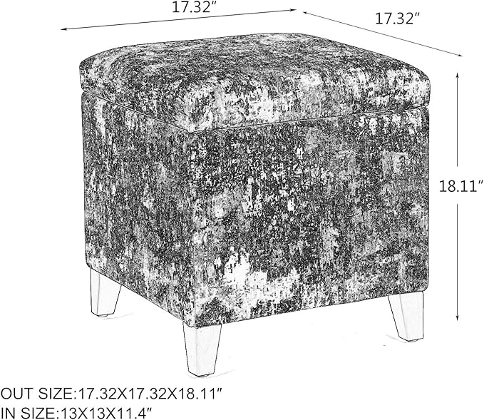 Adeco 18 Inch High Cube Ottoman Storage, Linen Chair Foot Stools, Upholstered Vanity Stool with Hinged Lid, Solid Wood Legs-Ruum Studio Home