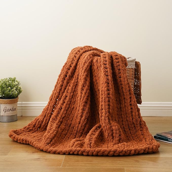 Battilo Chunky Knit Throw Blanket, Soft and Thick Chenille Throw Blanket, 50"x60" Handmade Cable Knit Crochet Blanket, Large Rope Knot Throw Blankets for Couch Sofa Bed Home Decor, Caramel-Ruum Studio Home