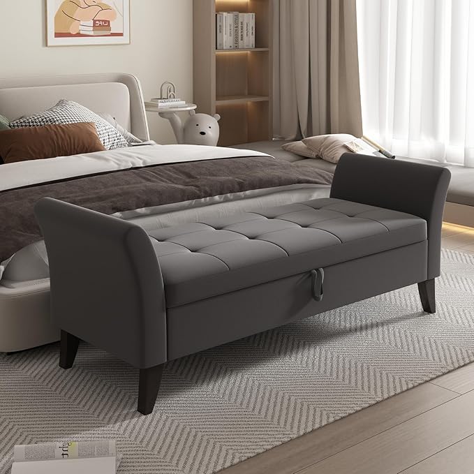 Furniliving 51” Bedroom Bench, End of Bed Bench with Button-Tufted Large Upholstered Storage Bench Ottoman Velvet Window Bench with Storage Shoe Cabinet Bench, for Bedroom, Entryway, Closet, Grey-Ruum Studio Home