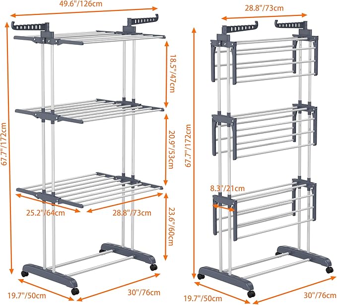 HOMIDEC Clothes Drying Rack, Oversized 4-Tier(67.7" High) Foldable Stainless Steel Drying Rack Clothing, Movable Drying Rack with 4 castors, 24 Drying Poles and 14 Hooks for Bed Linen, Clothing, Grey-Ruum Studio Home