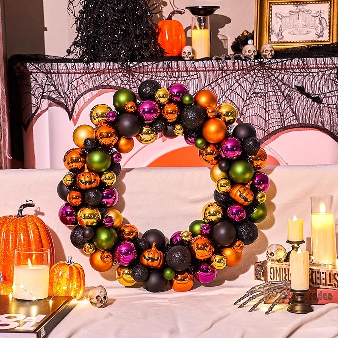 JORNOY 20inch Large Halloween Ball Wreath with Ghost & Pumpkin Accents - Seasonal Orange/Black Wall Hanging, Front Door, Mantel, Porch Decor for Home-Ruum Studio Home