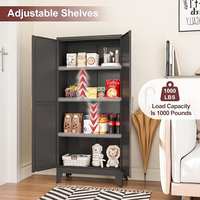 Metal Pantry Cabinet with 2 Doors and Adjustable Shelves, Kitchen Storage cabinets with Gold Handles, Versatile Storage for Laundry Room,Living Room,Bathroom,Dinning Room-Black-Ruum Studio Home