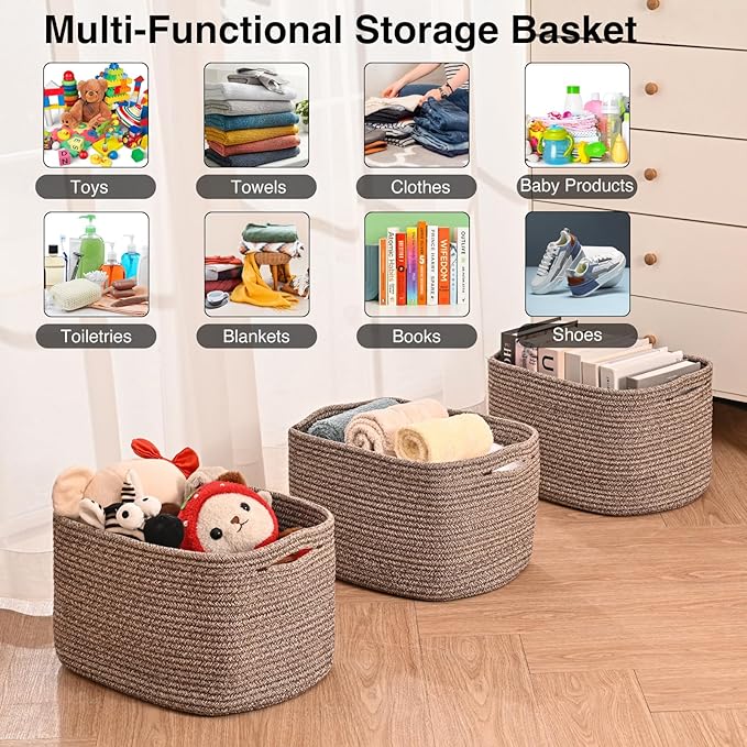 Storage Baskets for Organizing Shelves, Woven Cotton Rope Bins for Baby Nursery Organization, Book Toy Towel Organizer, 15"x11"x9.5", 3 Packs, Dark Brown-Ruum Studio Home