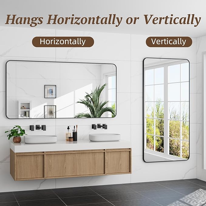 Bathroom Mirror 60" x 30", Large Rectangle Wall Mirror, Black Metal Frame Wall Mounted Mirrors for Bathroom, Vanity, Bedroom, Entryway Decor(Horizontal/Vertical)-Ruum Studio Home