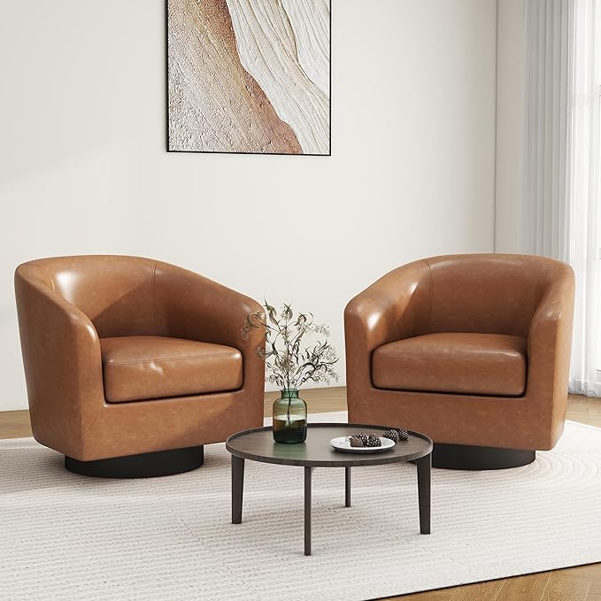 Swivel Barrel Accent Chair, Modern Round Faux Leather Arm Chair for Living Room, Bedroom, Comfy Club Reading Chairs for Adults, Faux Leather Brown, Set of 2-Ruum Studio Home