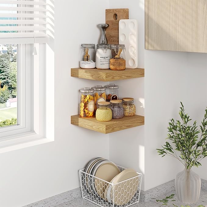 Fun Memories Floating Shelves, 8 Inch Deep Floating Shelves for Wall, 8 x 8 Wall Shelves, Rustic Wood Floating Shelf for Living Room, Bedroom, Bathroom, Oak Color, Set of 2-Ruum Studio Home