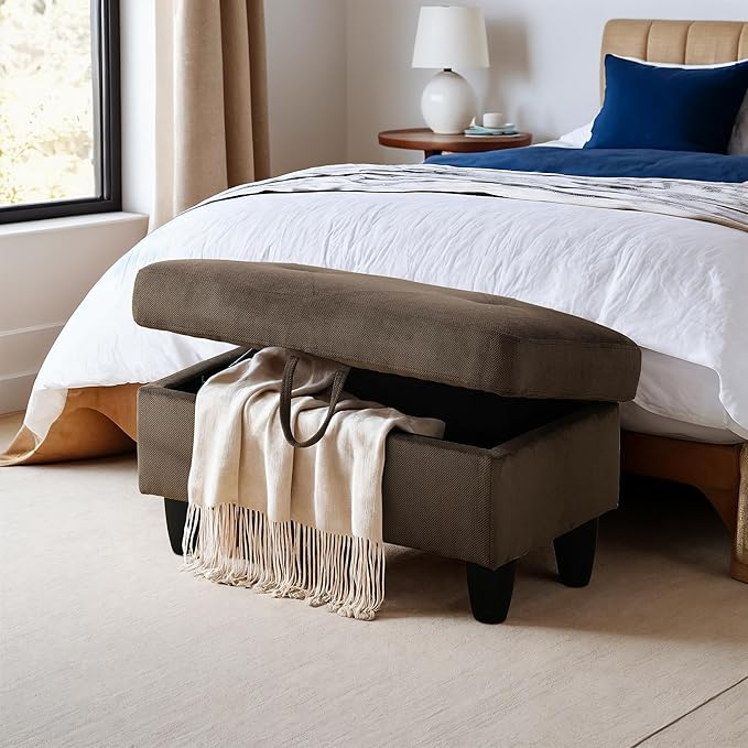 Ottoman Rectangular Storage Ottoman Bench, Flannel Footrest Stool Footstool with Lid for Living Room, Bedroom, Entryway, Dark Brown, 28.5"x19"x17.5"-Ruum Studio Home