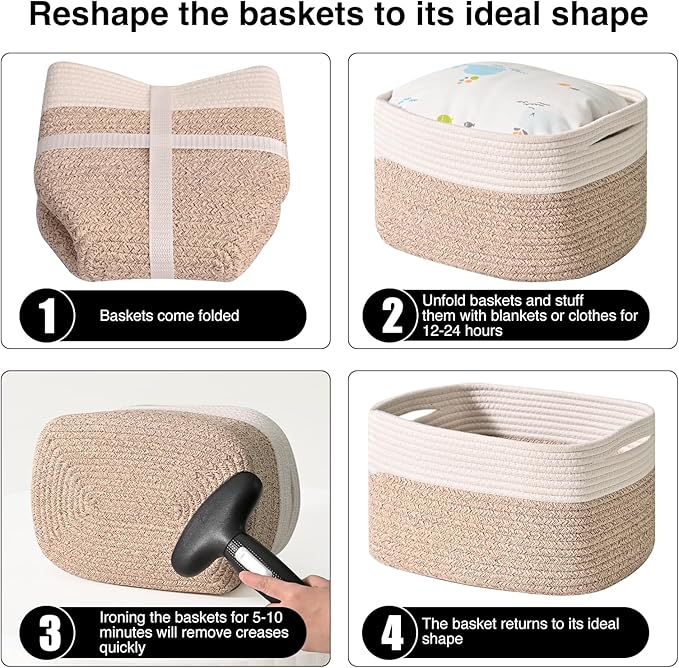 Storage Baskets for Shelves, Woven Storage Basket, Bins for Cube Storage, Cotton Rope Basket with Handles for Toy, Book, and Clothes Living Room, (4 Packs) Off White & Brown-Ruum Studio Home