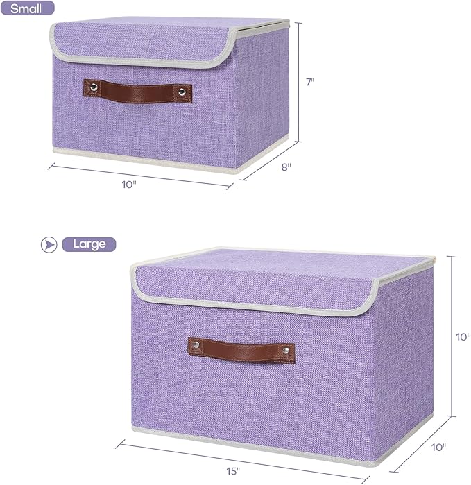 ANMINY Storage Bin with Lid Storage Boxes with PU Leather Handles PP Plastic Board Decorative Foldable Lidded Cotton Linen Fabric Home Cubes Baskets Closet Organizer Container - Purple, Large Size-Ruum Studio Home